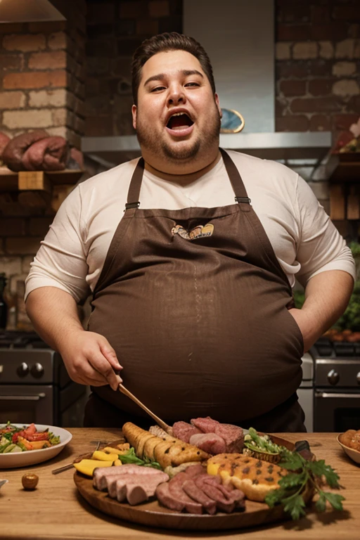 A big fat man using a fork as a weapon inside a medieval castle. He has curly hair, a big belly and a great smile