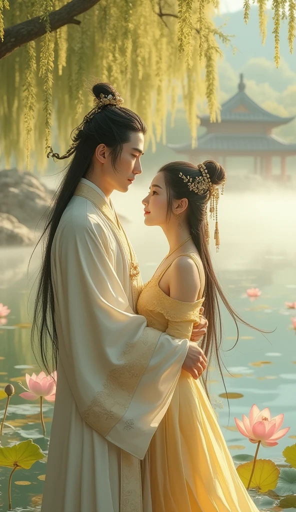 full lenght On a dark moonless night by the river bank, in the wind of the fireflies, tiny little ones flying around the edge of the forest, there is a beautiful, sweet, and gentle 25-year-old young woman standing with a slight smile. Her long, black hair flows smoothly. On both wrists she wears small white and gold snake bracelets. Beautiful gold hair accessories. In a pure white Thai dress, a glowing white shoulder cloth, pink. And there is a handsome young man with long black hair on his head, wearing a green and gold sarong, hugging the young woman from behind. His face is happy, high-octane. Dynamic profile, oil painting, 3D painting, art painting by Ajarn Chalermchai