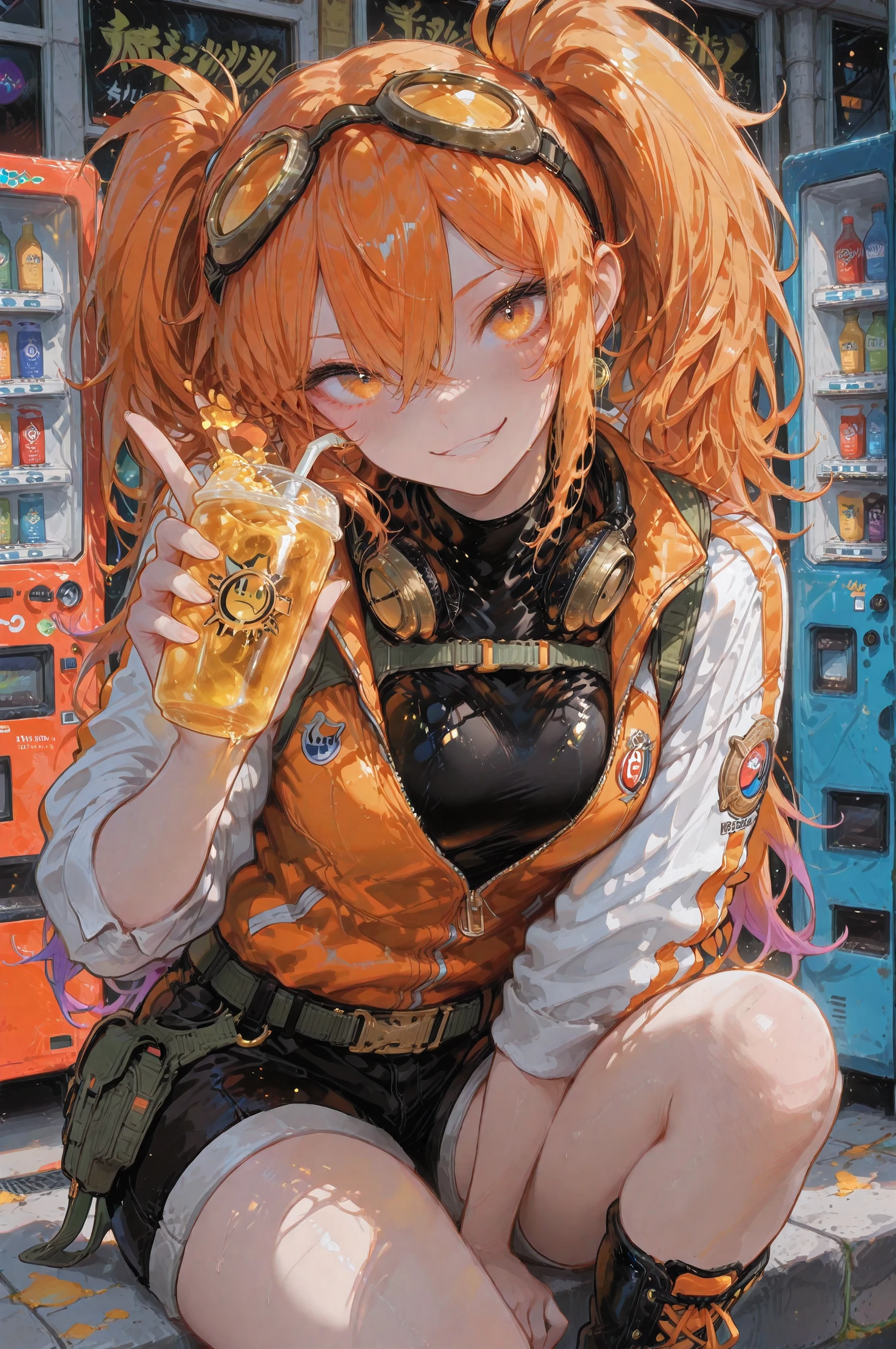 A short, compact girl around 5'4" with a lean, gymnast build. She has vivid ginger-orange twin-tails tied high with loose black ties, her hair slightly messy and expressive. Her eyes are a vibrant golden-honey color, wide and sharp, full of playful mischief. Lightly freckled cheeks, sun-warmed peach skin tone. She's wearing a half-zipped hero academy patrol jacket, the sleeves rolled to the elbows, with a combat belt loosely slung low on her hips. Beneath the jacket, a dark sleeveless top and utility shorts. Rainbow-laced worn combat boots. A pair of goggles rest lazily atop her forehead. Her stance is casual but ready to move—hips cocked slightly, one arm crossed, the other holding a drink or snack casually. She's smirking just a little. Background is a sunlit urban patrol zone, full of mid-rise buildings, vending machines, and hint of motion in the crowd behind her. A faint glow of an orb can be seen nearby, just outside frame.