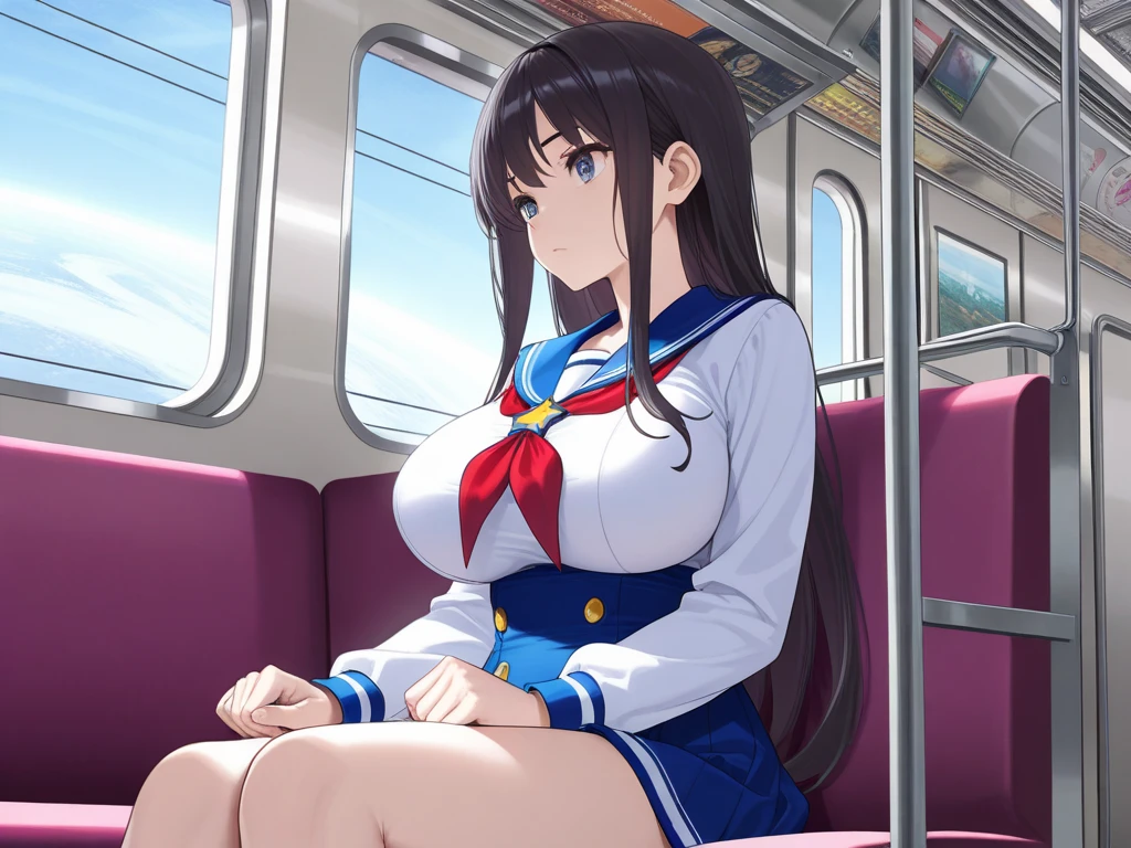 ((1girl, 1old man:1.4)), ((shirtlift:1.2)), (crawl on all fours:1.8, Panty shot:1.4), The old man laughs evilly, Anime cel drawing style, Best Quality, High resolution, (gigantic breasts:1.5), bra, Highleg Panties, White sailor suit, Short sleeves, red neckerchief, Blue skirt, blue eyess, Purple hair, Bangs, Side Ponytail, Hair Ornament, embarrassed, fear, blush, looking at viewer, Full body, cowboy shot:1.6, crowded train