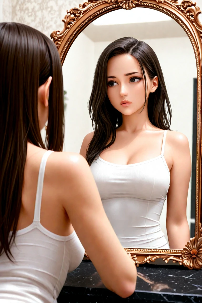 Black hair, long hair, green eyes, sexy, large breasts, beautiful body, masterpiece, smile, ((blue lingerie)), sexy lingerie, hotel swimming pool,busty, buxom, curvy, voluptuous