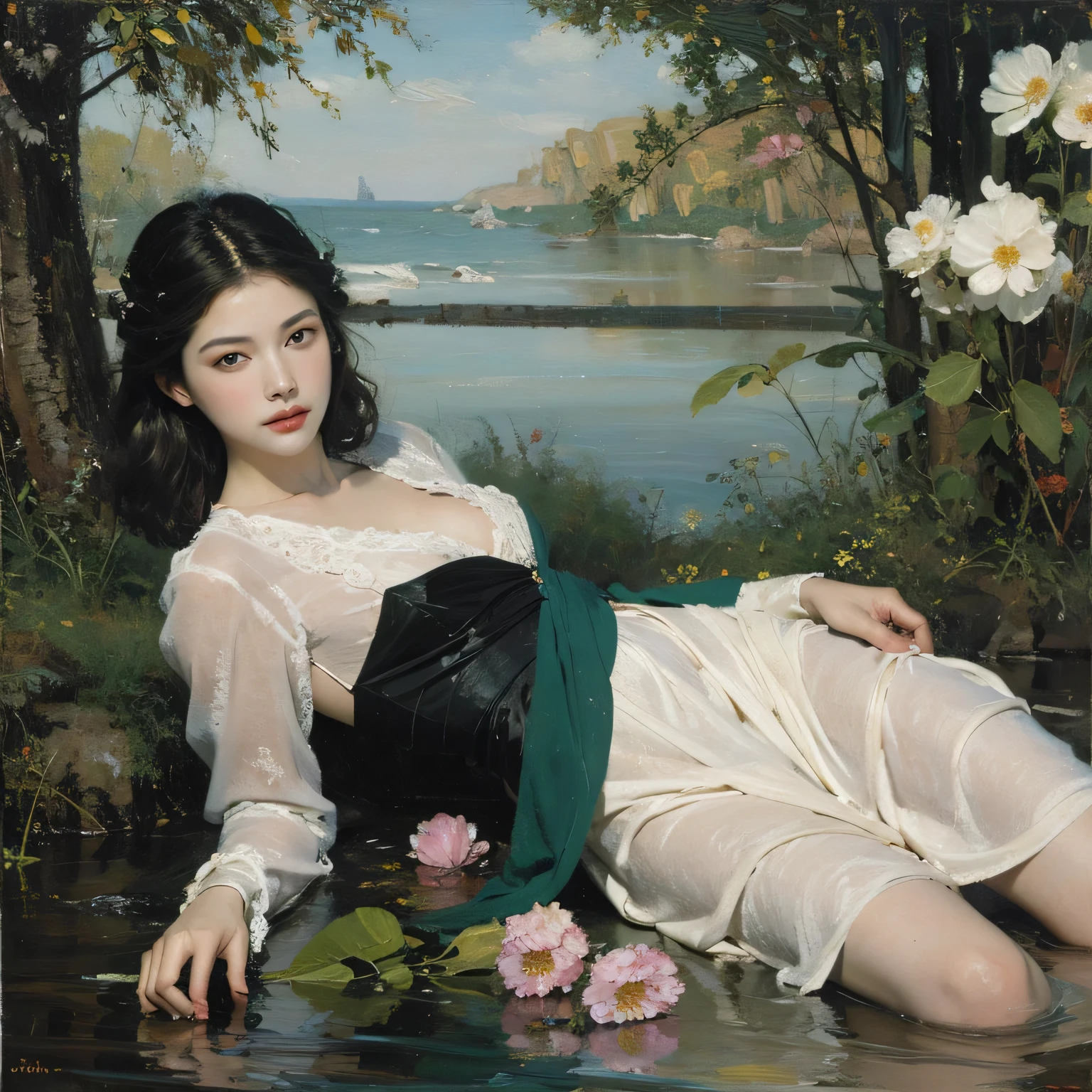  Queen, full body display, leaning against the ruins, with floating bat all around the background. The Queen's expression  enchanting, her posture  seductive, her hand  holding her face, and there  a flicker of evil energy runes in the background, blood mist filled, and soft light. Black stockings. Official art, unit 8 k wallpaper, ultra detailed, beautiful and aesthetic, masterpiece, best quality, extremely detailed, dynamic angle, paper skin, radius, iuminosity, cowboyshot, the most beautiful form of Chaos, elegant, a brutalist designed, visual colors, romanticism, by James Jean, roby dwi antono, cross tran, francis bacon, Michael mraz, Adrian ghenie, Petra cortright, Gerhard richter, Takato yamamoto, ashley wood, atmospheric, ecstasy of musical notes, streaming musical notes visible, flowers in full bloom, many bird of parade, deep forests, sunlight, atmosphere, rich details, full body lens, shot from above, shot from below, detail background, beautiful sky, floating hair, perfect face, exquisite facial features, high detail, smile, Fisheye lens, dynamic angle, dynamic posture,As the moon,1,sen,nature,plan,flowers,tree,Steampunk,semantics through,