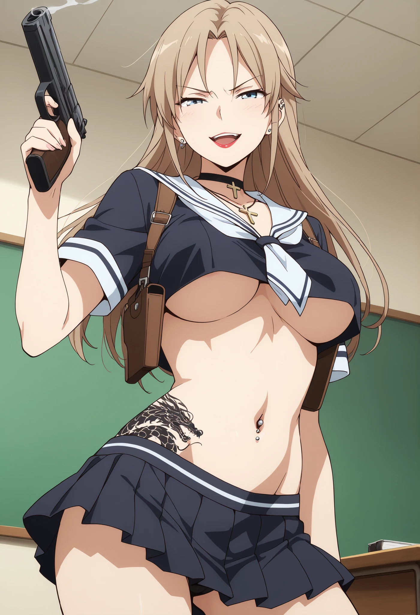  yumiif, choker, blonde hair, brown hair, multicolored hair, solo, 1girl, earrings, necklace, large breasts, long hair,, blush, lipstick, Hot girl, baddie, staring, glaring, bad attitude, mean girl, crazy, smoking, sensual, attractive, masterpiece, best quality, highly detailed, a anime girls in sailor uniforms with a gun posing for a picture,
evil smile, smile, open mouth,black_serafuku, ecchi anime style, anime girls , (nsfw) not safe for work,
ecchi style, ecchi, shipgirls, digital anime art!!, high school girls, holding a gun, hold a gun, anime style 4
k, micro skirt, exposed belly, exposed navel, exposed midriff, holding pistol,underboob,
exposed lower belly,school, classroom