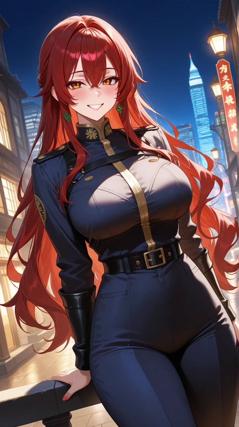 masterpiece, 1 mature woman, long orange hair, Looking at camera, green eyes, frowning, blue police uniform, outside background, traffic stop, ink drawing