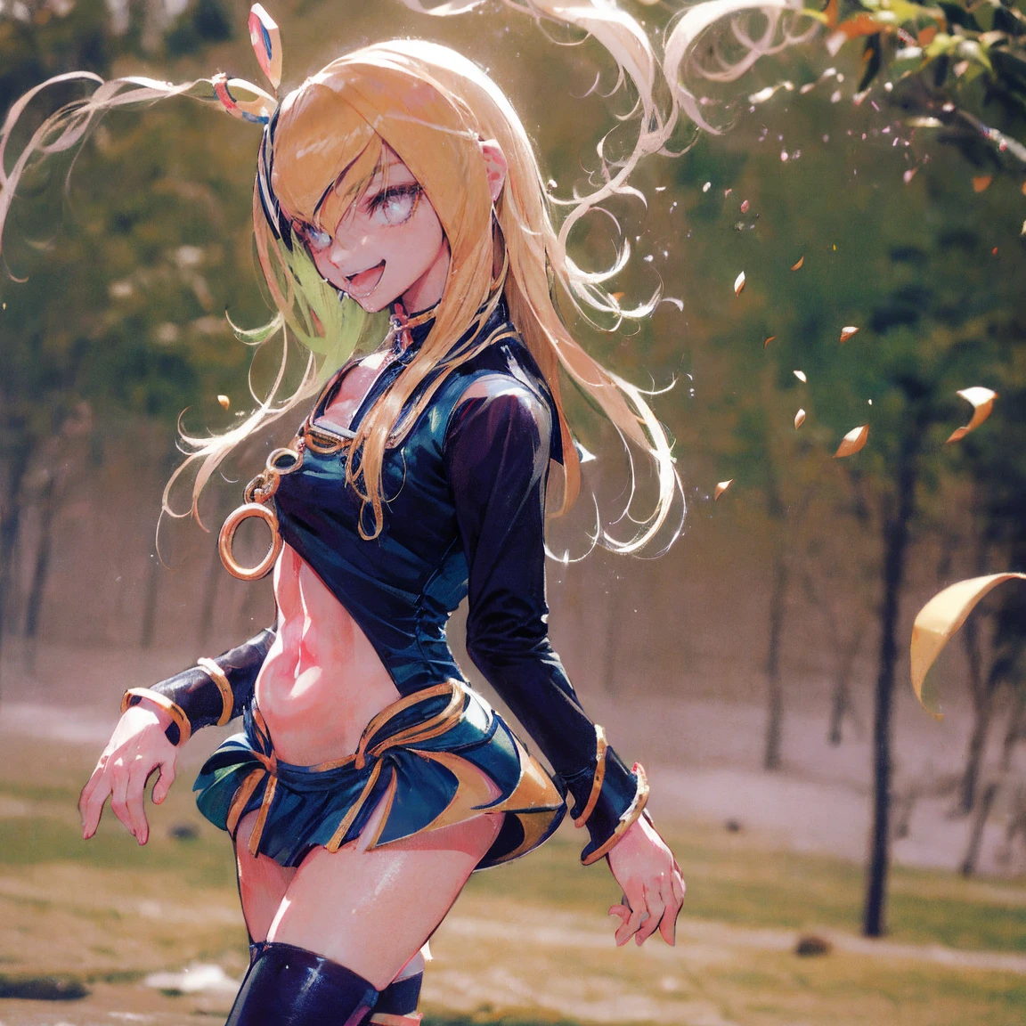 Sunny is a teenage girl with a medium build and warm-undertoned deep skin, though sometimes throughout the animated series, it ranges from darker to lighter. She has bright yellow hair styled into a combination of odango buns and twin tails, which appears straight with straight cut ends in the animated series. Her greenish hazel eyes are framed by a blunt fringe, and she has four strands of hair on the front, two being short and the other two being long and curled. Her makeup typically consists of shimmery gold eyeshadow mixed with warm colors, sparkly highlight, and berry-colored lipstick. As a cheerleader, Sunny wears a cropped hoodie with yellow and white sections separated by a yellow-and-black chevron stripe across the midsection and the word "SPARKLE" written across her shoulders in bold, black lettering. She also wears a yellow, pleated half-skirt with black and white stripes decorating the hem over a matching yellow mini skirt with the letters "RH" in white on the left side. She has yellow knee-high tube socks and yellow-and-white athletic sneakers with a stiletto heel. Her hair is crimped and tied back into two twintails with golden ribbons, and her makeup is much more dramatic than usual, with golden, sparkling eyeshadow, white liner, and pink lipstick. She also dons face paint consisting of a yellow star with the letters "RH" inside of it on her right cheek and the number 19 in yellow on her left.