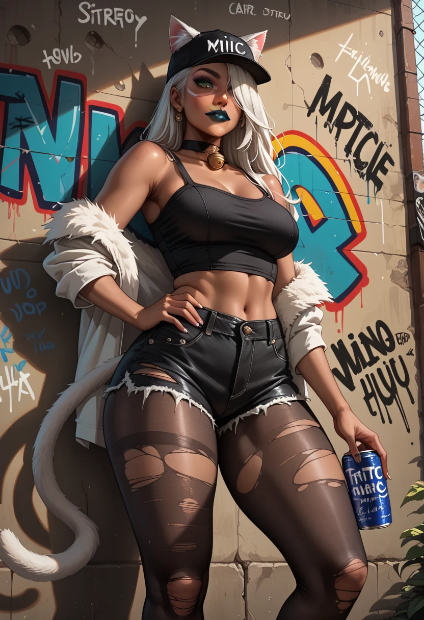 A dark-skinned woman with silver hair in a ponytail, Wearing a black dress shirt and slim jeans, Roasting a bear　Showing your belly button