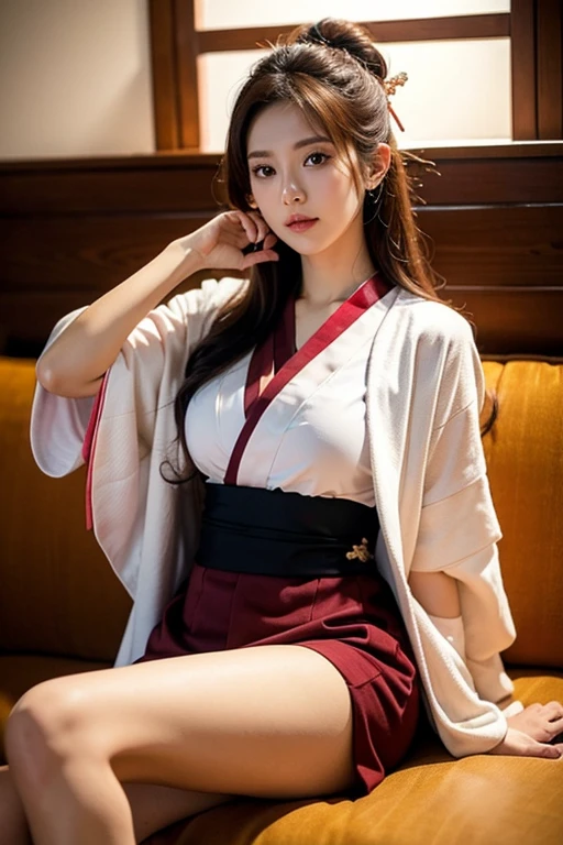 full body Esbian、masutepiece, 1girl in, best qualtiy, Ultra Detail, (shiny), (Small)、with blush cheeks, Ray tracing,Perfect Lighting, (milky skin:1.2),reflection, up looking_で_viewer, blush, yellow_Eyes, Japan's cutest 28-year-old beautiful girl、Small ribbons in the hair、(Hyper-realistic), (a picture), (High resolution), (in 8K), (detaileds), (Best Illustration), (Beautiful detailed eyes), (beautifull detailed face), (top-quality), (Ultra-detailed), (masutepiece), (wall-paper), (extra detailed face), (Black Long Hair), (Solo), (A detailed eye, thin cheeks, shinny skin, shiny lip, lighting on the face), (Standing:1.2), Cameltoe, (skinny thigh), (Slim waist), (Smile), (shrine maiden clothe), (Long sleeve), (White priestess uniform、sitting on、from side、embarassed face、NSFW,Red Hakama:1.2), (Sakura), (shrines)、Red ribbons、、no-bra
