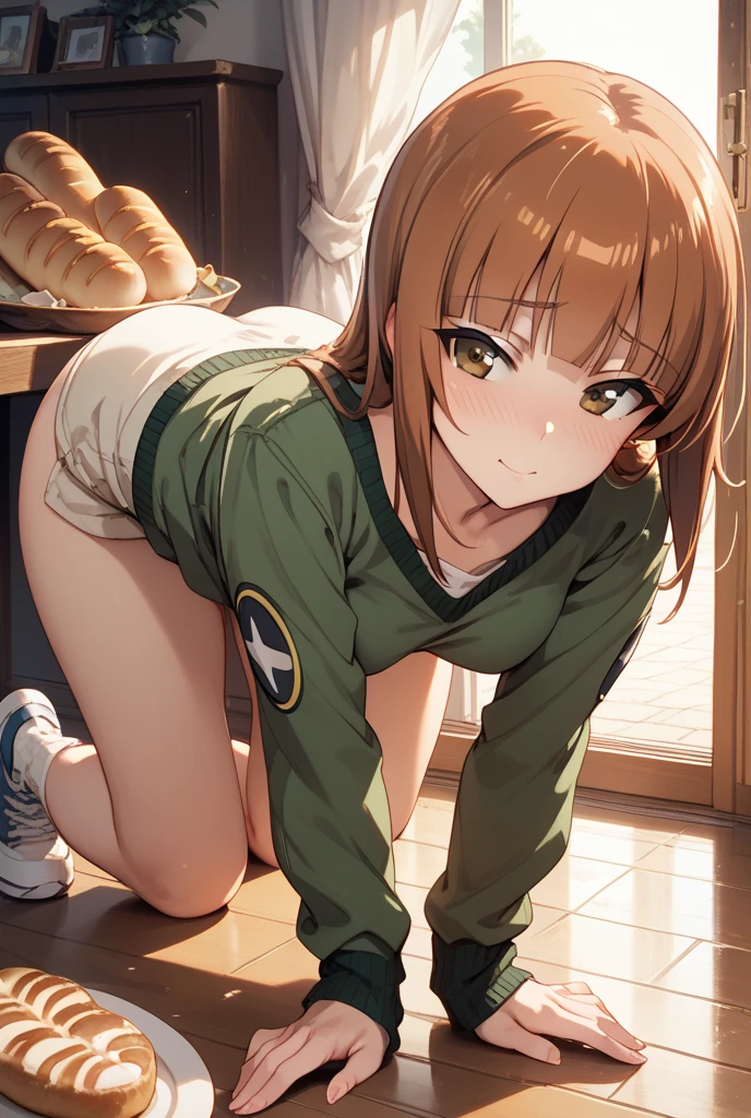 sitting with hand between legs, cinematic angle, from below, cowboy shot, Realistic, real person, RAW photo, photorealistic, portrait photography, shiny skin, japanese idol、(前髪がある20歳の女性), (green eyes:1.5) and (brown hair) and (bob cut) and (wavy hair), 、(beige Down Jacket:1.5)、黒いタートルネックセーター、(sad:1.5), 一人きり、背景は街