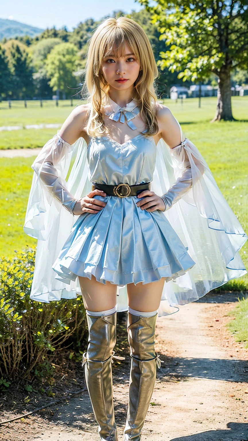 (8k、RAW Photos、Highest quality、masterpiece:1.2)、(Realistic、Realistic)、1 girl、((Blonde、White and light blue、garden、Frills、Cape、mini skirt、Thin legs、whole body、boots、View from the front、Looking into the camera、Stand with hands on hips))、cute