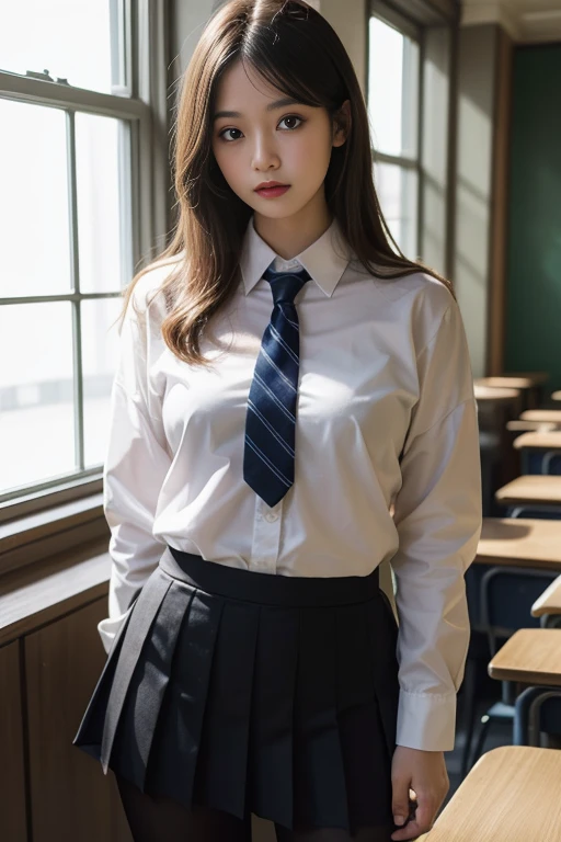 top-quality、8k picture、In a classroom with the setting sun shining through the window、High school girl sitting on chair、Cute Beautiful Girl、sit a chair、White blouses、Pull up the skirt to reveal white panties、slenderbody、tiny chest、toned legs、Detailed details