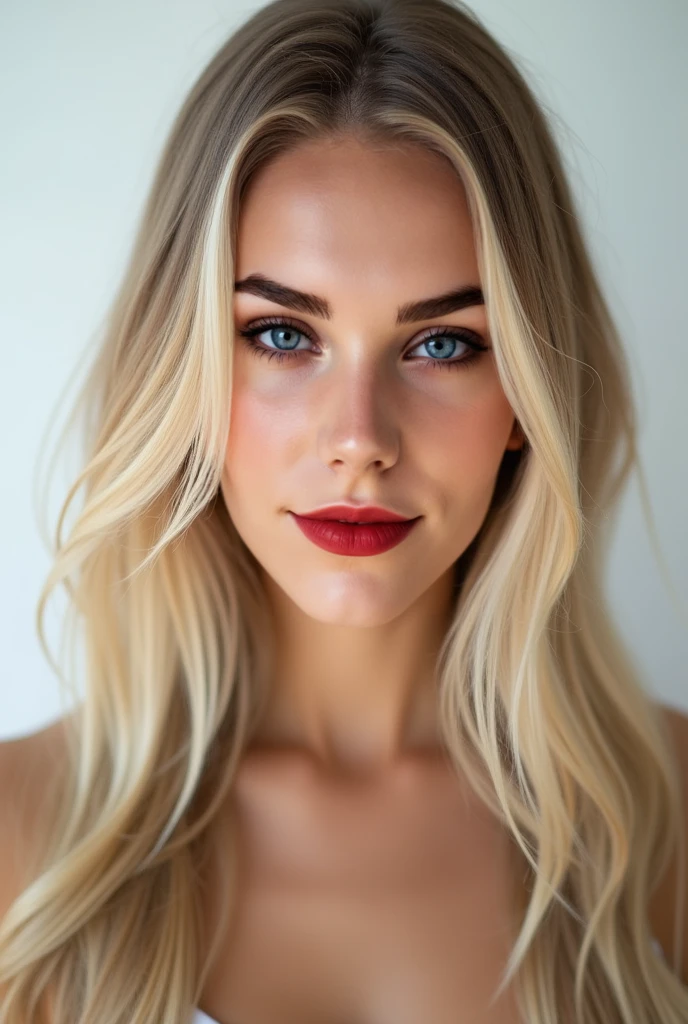 hyperrealistic beautiful busty 19-year-old woman with long legs wearing casual beach outfit, model shooting full body photography, bleached blonde very long straight hair, soaky wet skin, dark eye makeup with eyeliner, seductive smile, red lips, 8K, Best quality, Meisterwerk, ultra high resolution, (Realismus: 1.4), Originalfoto, (realistische Hautstruktur: 1.3), (Filmkorn: 1.3), (Selfie-Winkel), 1 girl, Beautiful round hazel eyes and facial details, Meisterwerk, Best quality, outdoor photography on the beach, nsfw