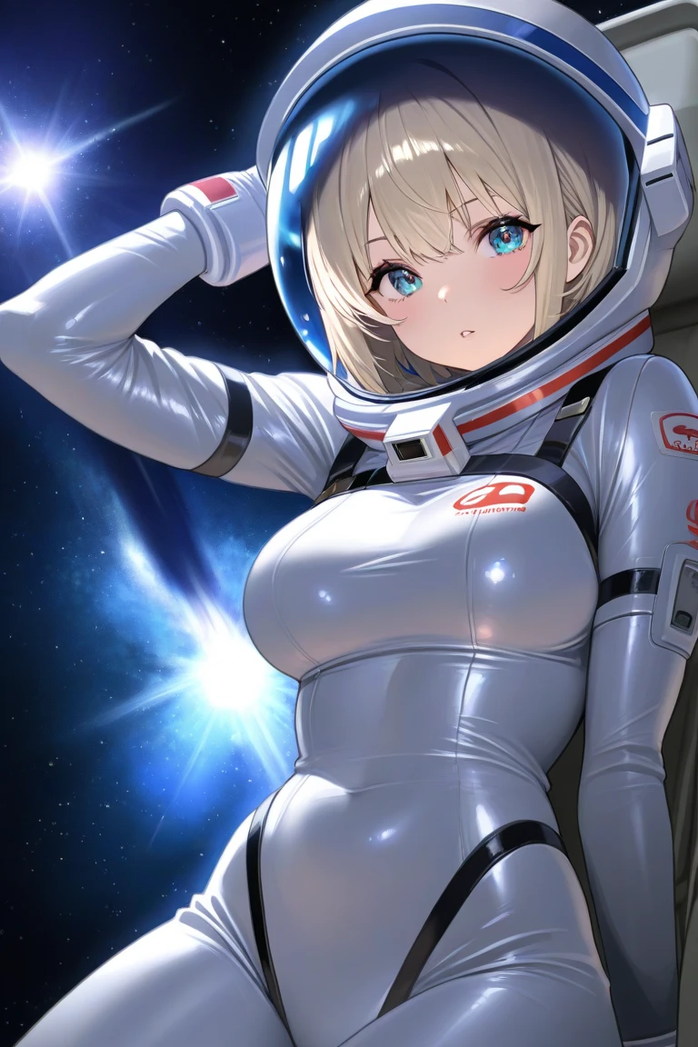 a highly detailed anime waifu astronaut in a futuristic space suit, wearing a sleek space helmet, with intricate and complex details, in a photorealistic style, 8k resolution, close-up view, big breasts, cleavage,