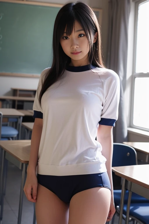 nsfw,(tanned skin:1.3), japanese 3girls,short pants,white t-shirt,mascular and curvy thighs,(adult body), ,18 years old,sitting at classroom
