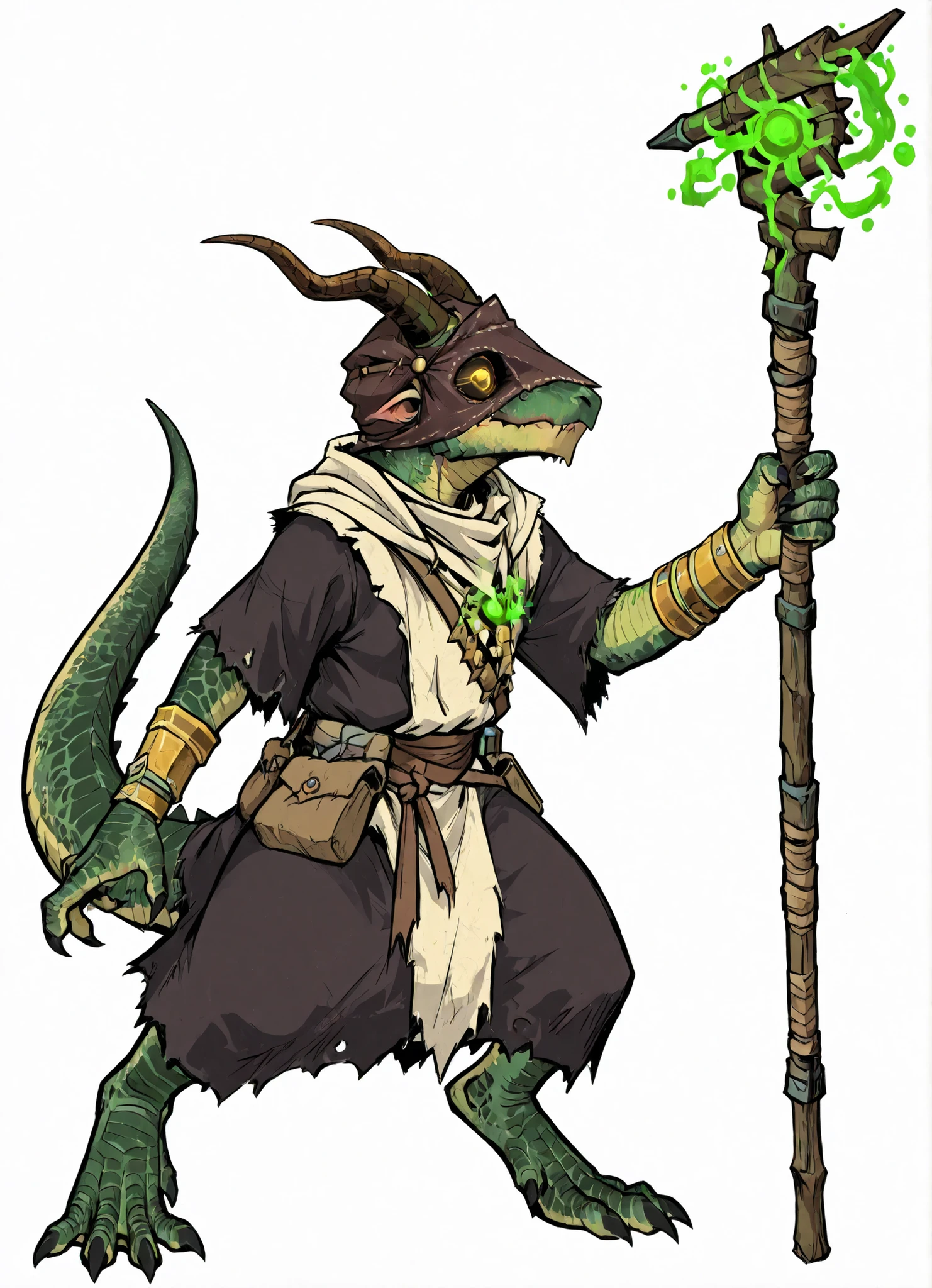 kobold, green scales, plague mage, GreySeer, horned, cajado de madeira, green magic