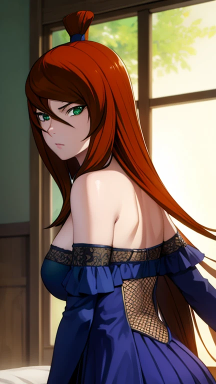 bedroom background, sexy pose, want to fuck pose, want to kiss, breasts feeding, mei_terumi, very tempting women, long hair, breasts, brown hair, blue dress, bare shoulders, (green eyes), off shoulder, hair over one eye, lipstick, (1 girl), 20yo,Young female,Beautiful Finger,Beautiful long legs,Beautiful body, Beautiful Nose,Beautiful character design, perfect eyes, perfect face,expressive eyes, perfect balance, looking at viewer,(Focus on her face), official art,extremely detailed CG unity 8k wallpaper, perfect lighting,Colorful, Bright_Front_face_Lighting,White skin, (masterpiece:1.0),(best_quality:1.0), ultra high res,4K,ultra-detailed, photography, 8K, HDR, highres, absurdres:1.2, Kodak portra 400, film grain, blurry background, bokeh:1.2, lens flare, (vibrant_color:1.2),professional photograph, (Beautiful,large_Breasts:1.4), (beautiful_face:1.5), very detailed face