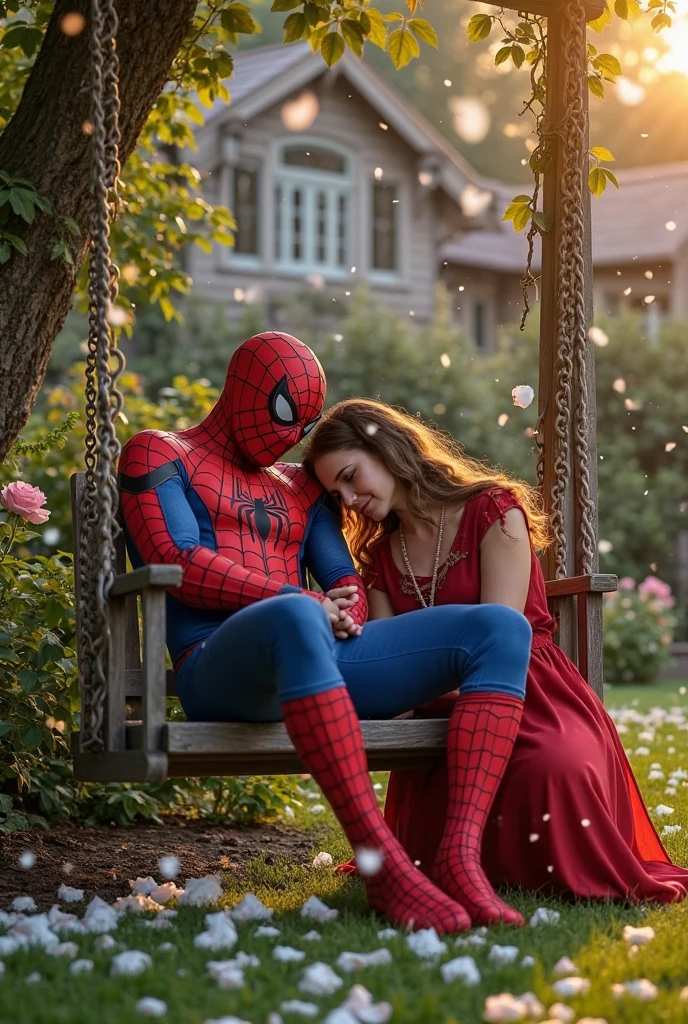 Give me a picture of Spiderman making love to a girl, sitting on a swing in a park