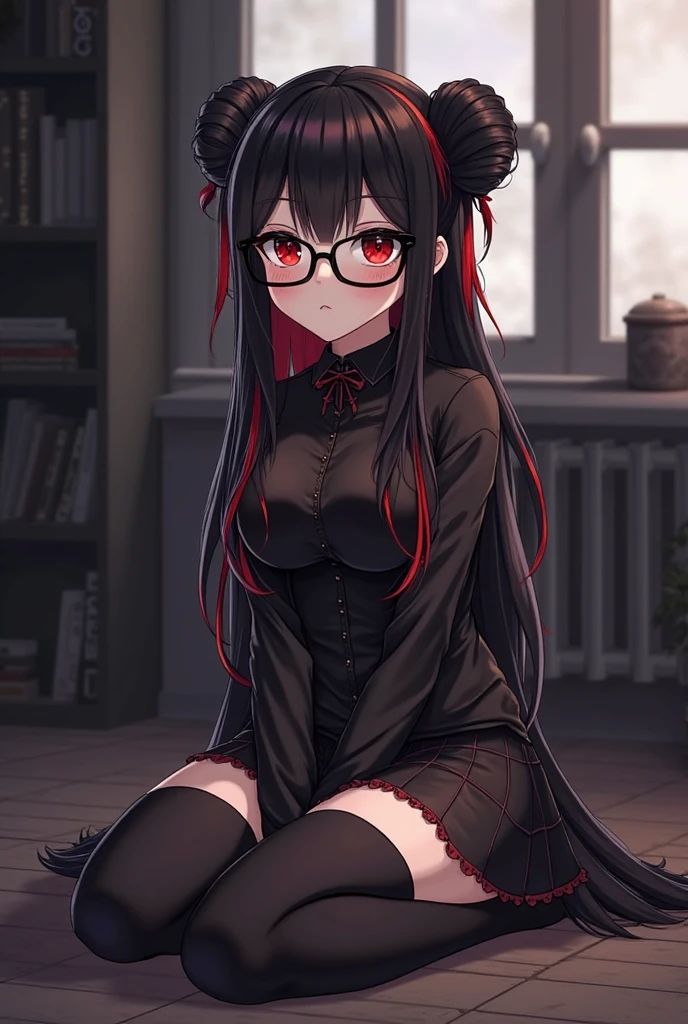 Red and black nurse costume、Cross-eyed、Stranger、View other people、Blunt bangs、Sitting,hand between legs, Glasses, over-kneehighs,Ahegao , Silly,Sexual ecstasy,Drunken eyes,Blunt bangs, Black hair,(masutepiece:1.2, Best Quality), (finely detailed beautiful eye: 1.2), (Detailed background,Dark Fantasy), (beautifull detailed face), High contrast, (Best Illumination, extremely delicate and beautiful), ((Cinematic Light)), Colorful, Hyper Detail, Dramatic light, Intricate details,