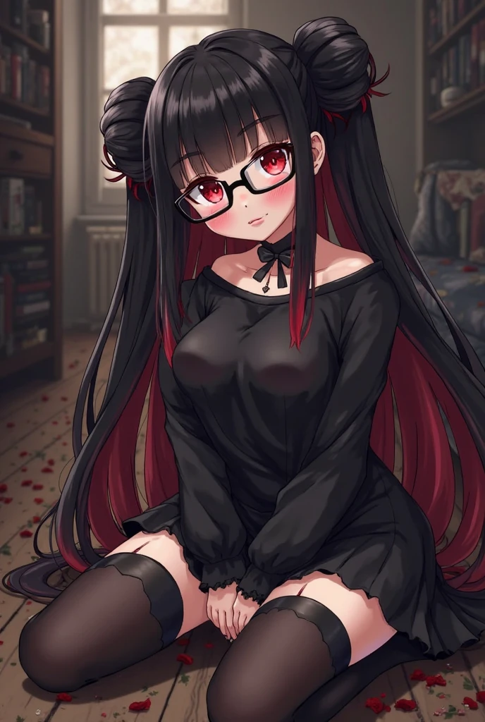 1girl anime coloring black-framed eyewear black eyes black hair background bed braid glasses hair strand hair tie solo twin braids sexy nightgown, blushed, ((Droppy Eyelids, Black Eyelashes, small Female Chesty)), (anime art:0.1), view from above, heavy blushing, spreading legs, lifting dress, laying on back, shy,