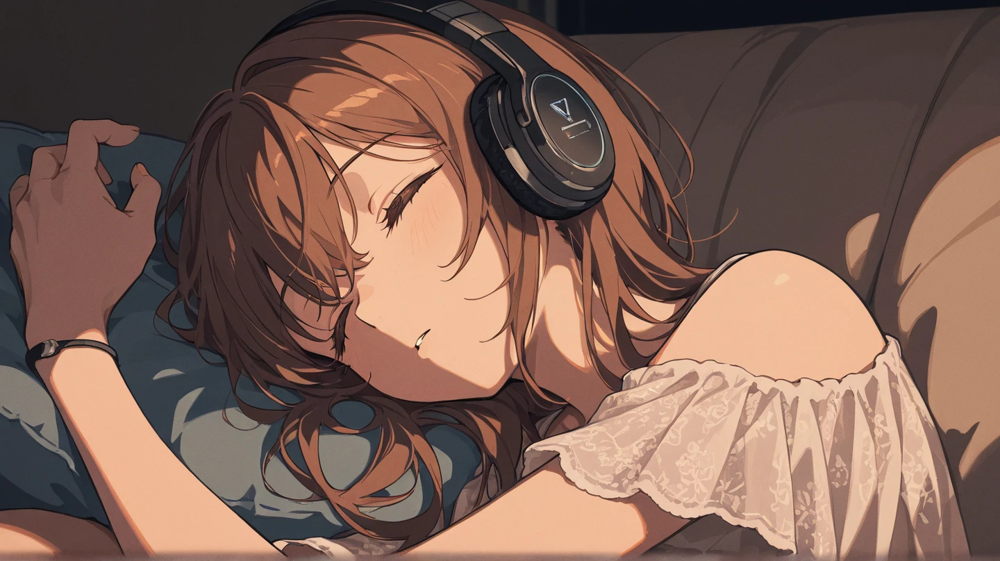(Brown haired woman wearing headphones), (Spending the night in bed listening to background music), (Very detailed, masterpiece, Highest quality, bright), (Anime Style)
background: Dark and quiet bedroom look: A relaxed expression with eyes closed: Nightgown pose: Lying in bed、Scene of a person holding a pillow: Immerse yourself in soothing music、A relaxing evening