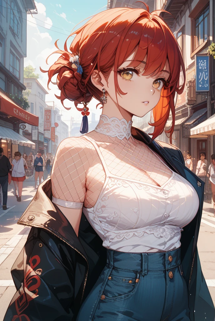 (masterpiece:1.2), (best quality:1.2), perfect eyes, perfect face, perfect lighting, 1girl, mature female, smiling, long red hair, straight hair, sophisticated haircut, stylish, single bare shoulder shirt long, music band print, jewelry, necklace, earrings, armlets, lacey choker, belt, low cut black jeans, thick eyelashes, makeup, eyeshadow, detailed mall background, crowd