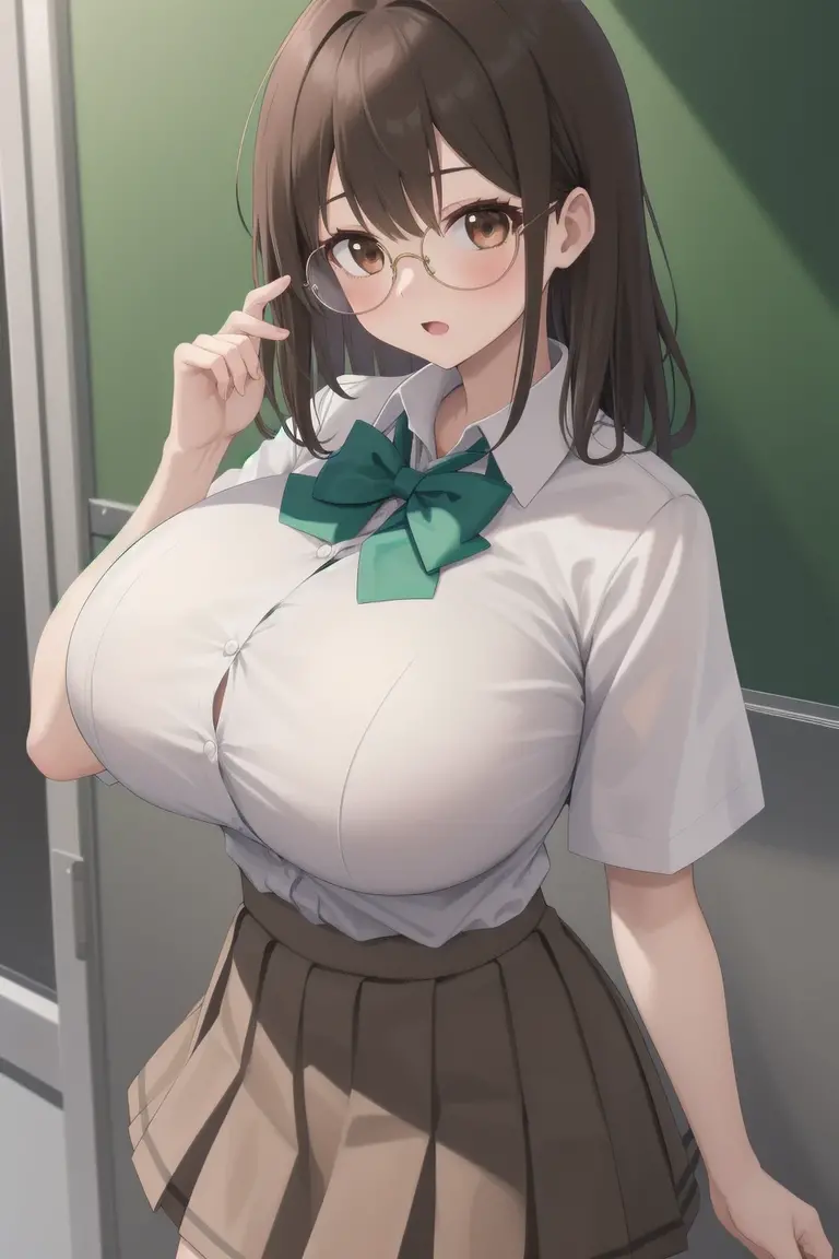1girl,brown hair,brown eyes,skirt, school uniform, bow, bowtie, green bowtie, shirt, white shirt, collared shirt, short sleeves, pleated skirt, brown skirt,glasses,huge breasts,slender
