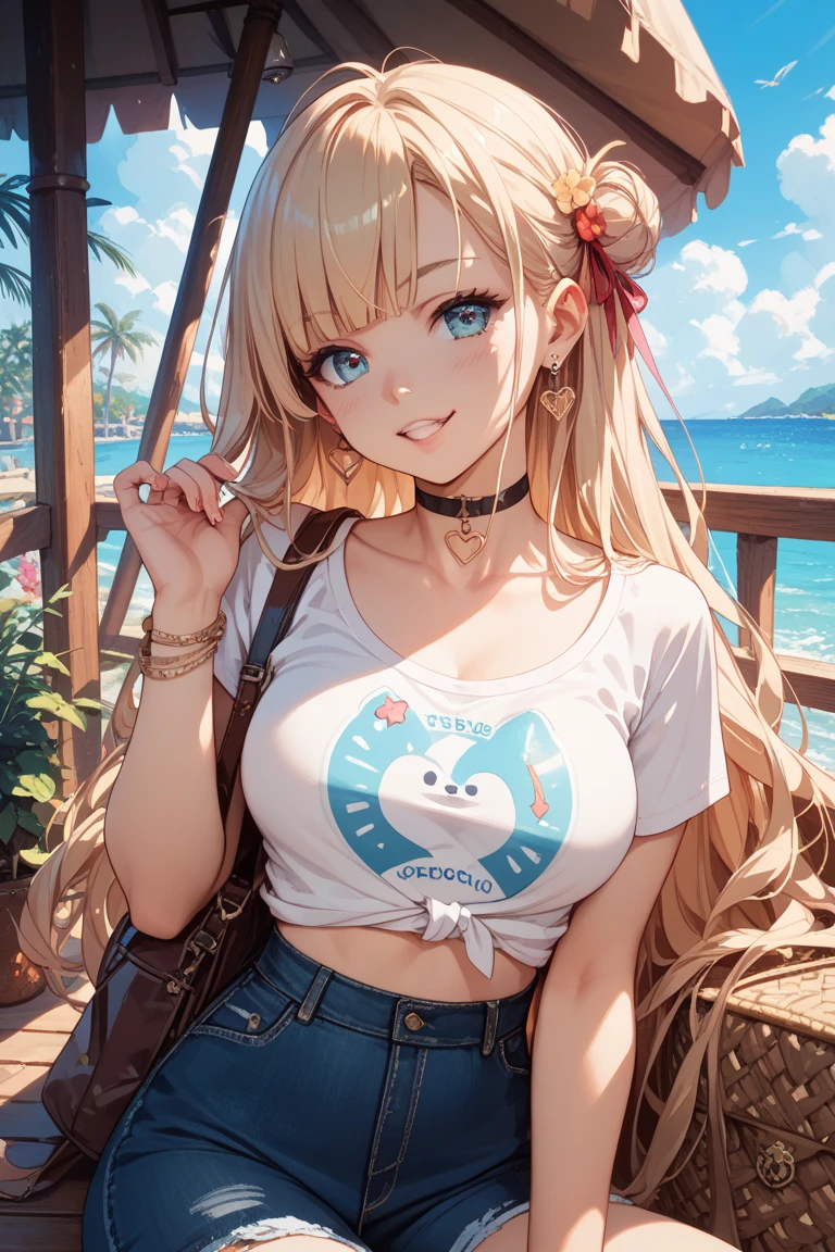 (best quality, masterpiece), 1 girl, centaur, It takes, White skin, Korean ,Smiling,exposing the abdomen,belly button t-shirt, 아름다운 소녀 perfect cheetah photo, perfect cheetah photo