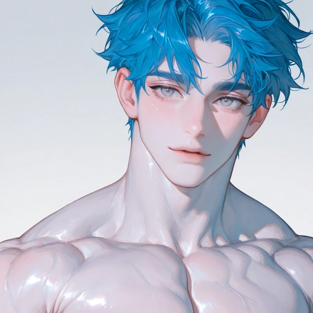 1 male, Japanese male model, high resolution 4k, adult, handsome, perfect face detail, detailed eyes and face, clean shaved, detailed muscular, white eyebrow hair, white eyelashes, Naked torso, Detailed face, perfect face, dynamic lighting, Real skin texture, detail Perfect hand, details, Real and complete hand details, unreal engine, hd picture, satoru gojo, Jujutsu kaisen, white hair, short hair ,hair between eyes ,blue eyes, white skin