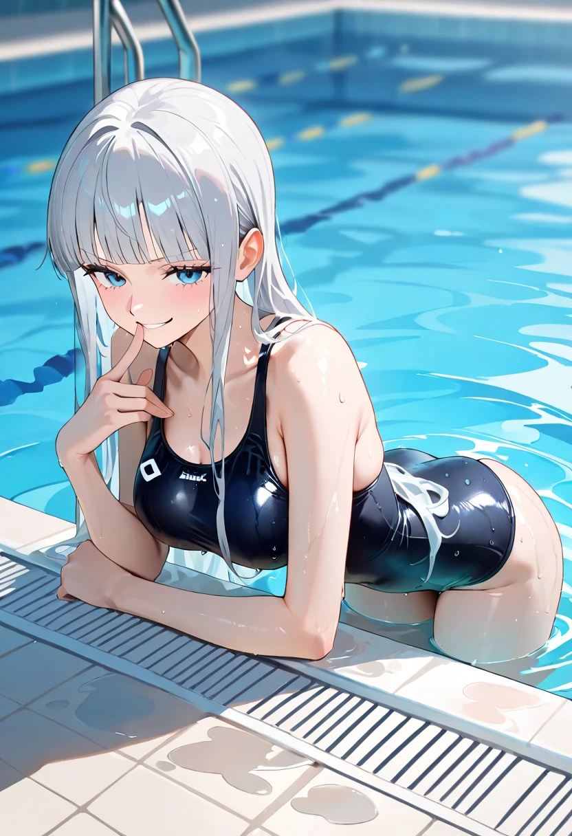 ((2D Beautiful Girl、top-quality、perfect fingers:1.1、perfect anatomia:1.1、Perfect outfit、Beautiful illustration))、cute petit girl、(transform sequence)、((cute decorative headband、swim wears))、8years old、Lori、Fractal Art、baby-face、((stright long hair))、beatiful detailed eyes、winc、glad、(Full Body Display)、(1人)、(Luxury Resort Pool)、