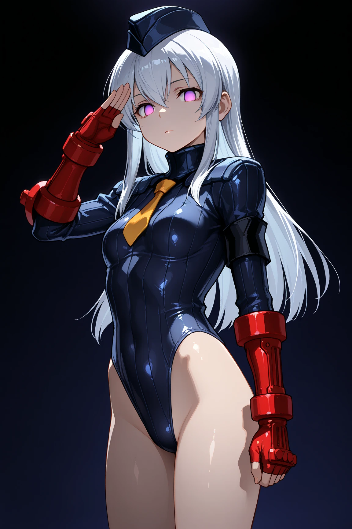 ultra-detailed, Explicit, Beautiful body, Beautiful Nose, Beautiful character design, perfect eyes, perfect face, ultra highres, 4K, beautiful legs, perfect legs, Nice hands, Perfect hand, Masterpiece, Best Quality, Highly detailed, illustration, absurdres, street fighter, doll suit, shadaloo doll, dollsuit, girls, multiple girls, expressionless, blank eyes, looking at viewer, red gloves, emotionless, black latex, corrution, mind control, female combatant, full body, hypnotized, unhappy trance, full body suit, ribbed bodysuit, obey, perfect female body, extremely glossy latex, hypnosis, hypnoLora, empty eyes, Mind control device, poses, brainwashed, submissive_pose, Slave, hat, necktie, standing, belt, latex, garter belt, thighhighs, stand up straight, standing, standing at attention, belt, extending the right arm from the shoulder into the air with a straightened hand, nazi saluting, military, military saluting, salute, Momijiyama Teru, Shy, SHORT HAIR, WHITE HAIR, RED EYES, HAIR BETWEEN EYES,