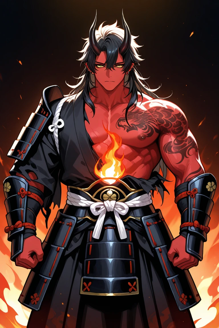 (masterpiece:1.3), (8K、最high quality:1.4), (Japanese men), Powerful face, (Thick eyebrows), (strong jaws、Stubble), Fearless Smile, He covers his left eye with an eyepatch made from the tsuba of a Japanese sword..., Long hair tied in a topknot, Intense black eyes, Muscular body, ((Yagyu Jubei)), ((Samurai costume)), ((Perfect Anatomy)), (Skin with attention to detail: 1.2), (((wonderful Japanese sword))), Two Swords, size, (Amazing muscles)、((Castle on Fire)), Meet the Ninja, Draw and hold the sword, Sharp focus, Contrast lighting, Fine skin, High resolution 8K, Crazy Details, Realistic, Soft Light , high quality, Volumetric lighting, Soft Light, bright, neon, bright色, Watercolor, bright色, Create digital artworks in the pop art style