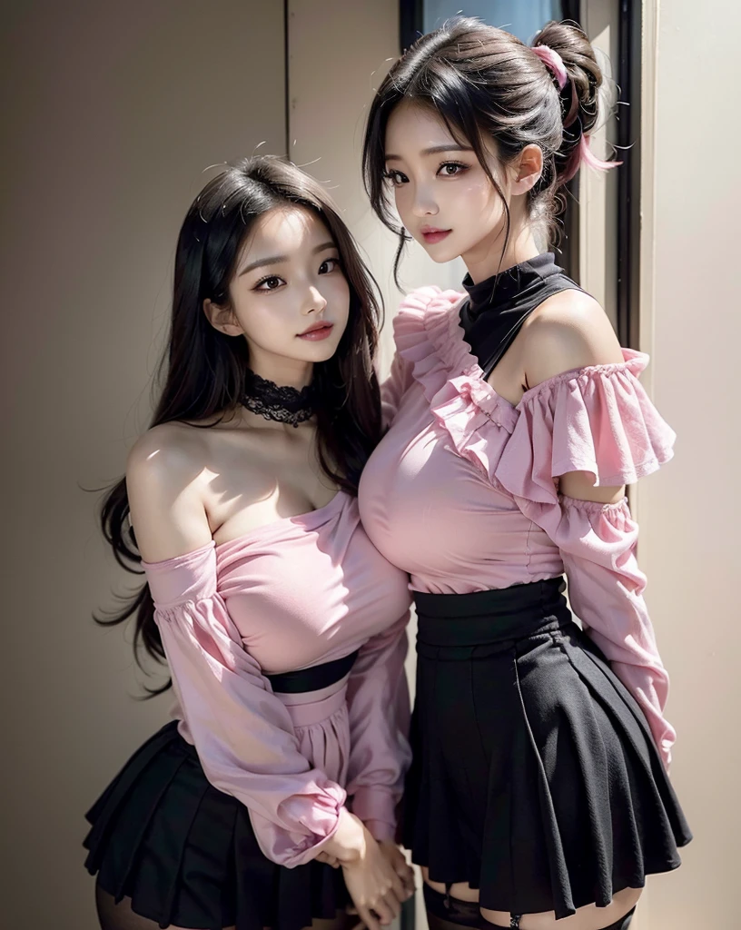 nsfw, sexy golden Thai princess, only 1 female, ((doll-like appearance)), short neon pink stylish hair, ((shiny Victorian-Style boots)), (big smile), ultra detailed eyes, vivid eye makeup, lipgloss, long lashes, defined eyebrows, ((sexy Paradise Kiss cosplay)), bell-shaped skirt, petticoats, high neckline, puffed sleeves, ((ultra detailed lace)), ((ultra detailed embroidery)), intricate details, Paradise Kiss accessoires and matching headpiece, choker, ((large sparkling Paradise Kiss jewelry)), cinematic light, detailed large park background with trees