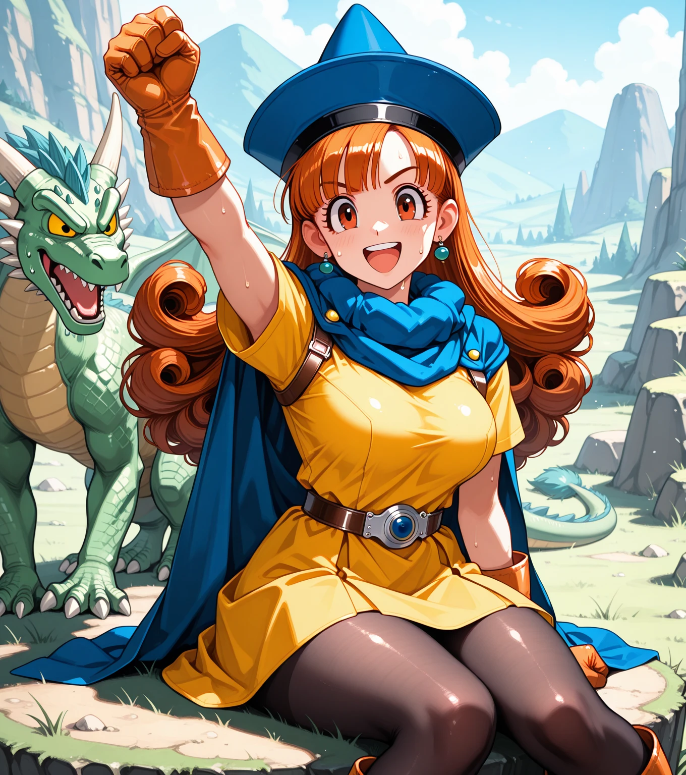 masterpiece,best quality,1girl,(dragon quest alena),yellow dress,blue cape,blue hat,boots,gloves,pantyhose,sweat,smile,open mouth,smugness,arm up,fist pump,sitting on defeated the green dragon