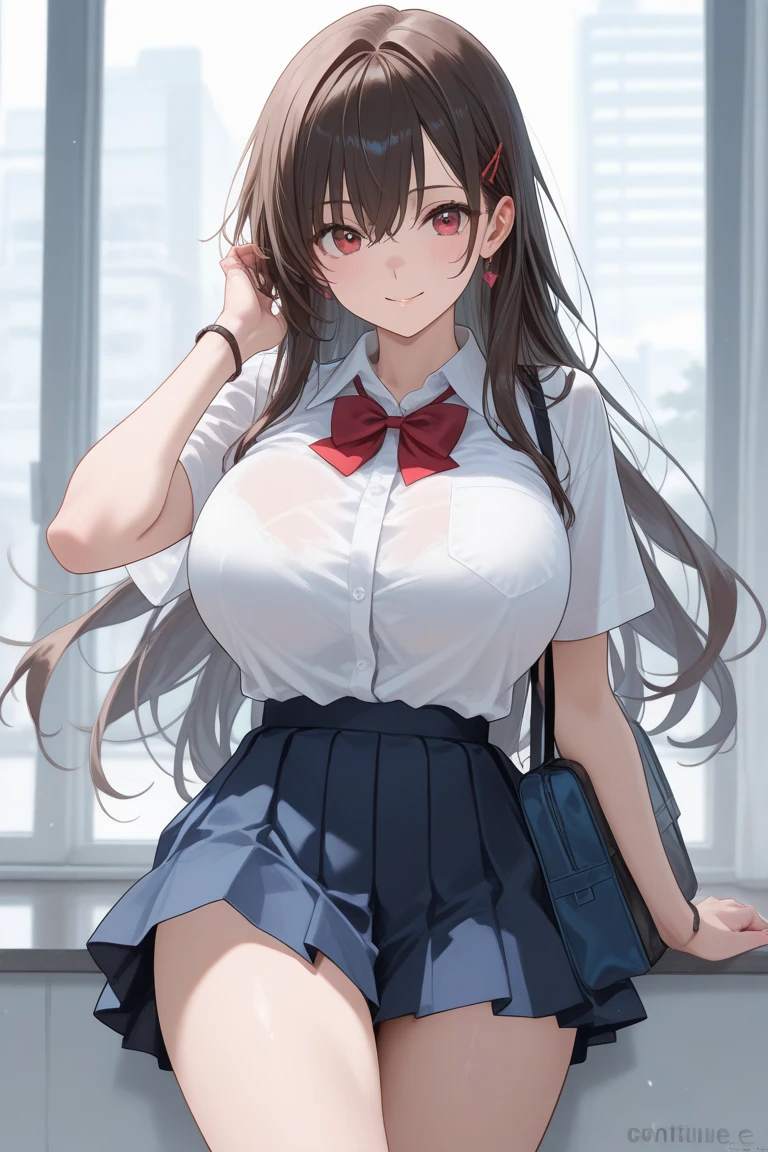 (Great quality、masterpiece:1.3、Ultra-high resolution)、Beautiful woman:1.5、Learn Uniform Laser Uniform、tie、Black-haired、Hair length、No skirt, bare chest、Great background、Overlooking the city from the hill、Dove flying in the sky、Blue sky、beautiful background sea、Hair blowing in the wind、Put your hands behind your back、pubic hair