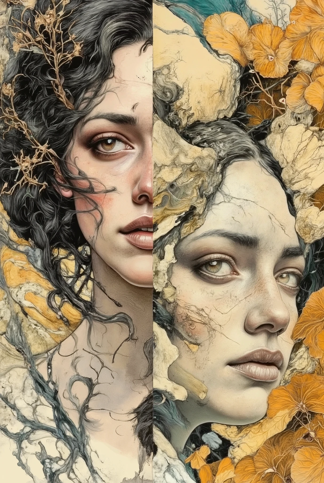 A surreal portrait where the face is both young and ancient: one half is a young, delicate girl, radiant with the skin of youth, with bright eyes and vibrant colors, the other is an old woman, withered, covered with deep wrinkles, like ancient parchment, with a wise but tired look. The hair on the young side turns into flowering branches, and on the old side into dusty scrolls or ashen threads. A hint of metamorphosis: The skin at the age boundary is covered with symbols, either letters or a star map. The background is a psychedelic whirlpool, where time flows non—linearly: hood memories flash in some areas (carousels, kites), in others — symbols of withering (hourglasses, ruins).Color contrast: Bright neon shades (pink, turquoise) versus dull, faded ones (sepia, gray).Style: hyperdetalized surrealism with the influence of psychedelic art (like the work of Android Jones or Zdzislaw Beksinski in color), with elements of glitchy effects and optical illusions. The emphasis on emotions is to make the viewer feel nostalgia, anxiety, and the magic of eternal rebirth. Finely detailed digital art.