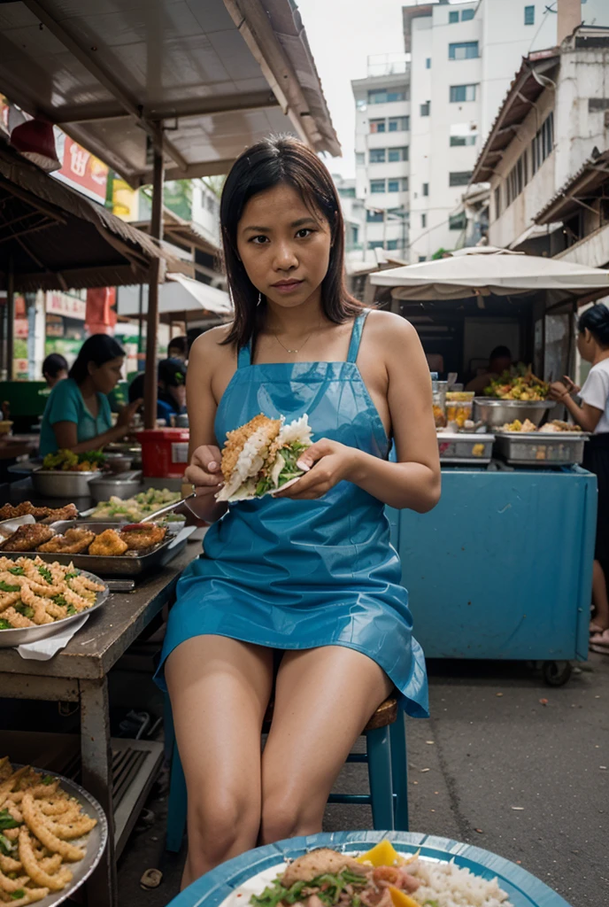  (Unsanitary and dirty fishing port, Seafood market in tourist area), ((30 years old、Beautiful woman)), ((Full nudity)), A vibrant seafood market, Long eyelashes, Beautiful Lips、smile, Beautiful Skin, High quality photos, Vibrant colors, Delicate depiction, Red lipstick, sexy, Nipples