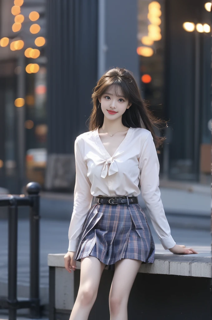 ((full body)), ((from side)), ((outside, Sit Pose, Sit on a park bench, slender leg)), ((realistic)), 1girll, looking toward the viewer, Asian model, inside a classroom, Detailed scenes, long and flowing hair, curlies, Air bangs, Beautiful hair accessories, Brown hair, slim, ((White color blouse, neck bowtie, a black pleated skirt)), warm lights, a warm color palette, Detailed details, ultra-detailliert, (tmasterpiece, best qualtiy), (An extremely delicate and beautiful work), Delicate earrings, Delicate necklace, Simple blurred background, Extreme detail description, Ultra-fine painting, Delicate face, slim toned body, Sweet smiling, Baring teeth