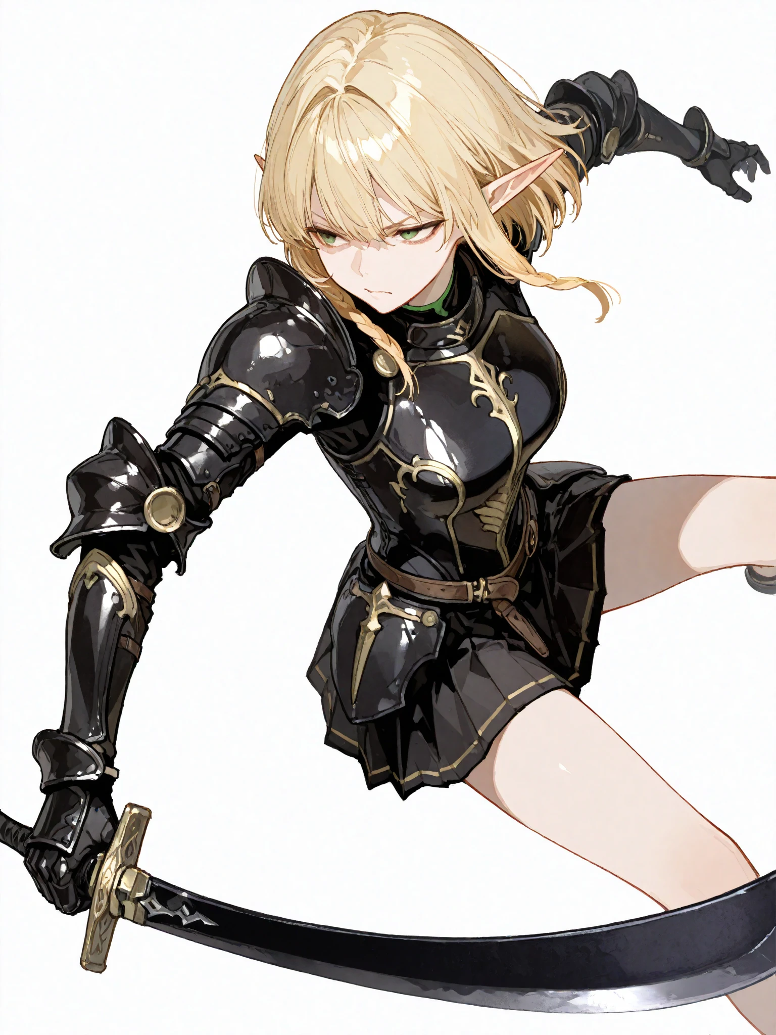 masterpiece, Highest Quality, amazing quality, very aesthetic, Newest, 1 girl, Blonde, black knight costume, Black Miniskirt, 黒い聖剣を持つ, serious, half-open eyes, elf ears, green eyes, perfect central parting with a black sword, simple background, white background, Battle, sword,