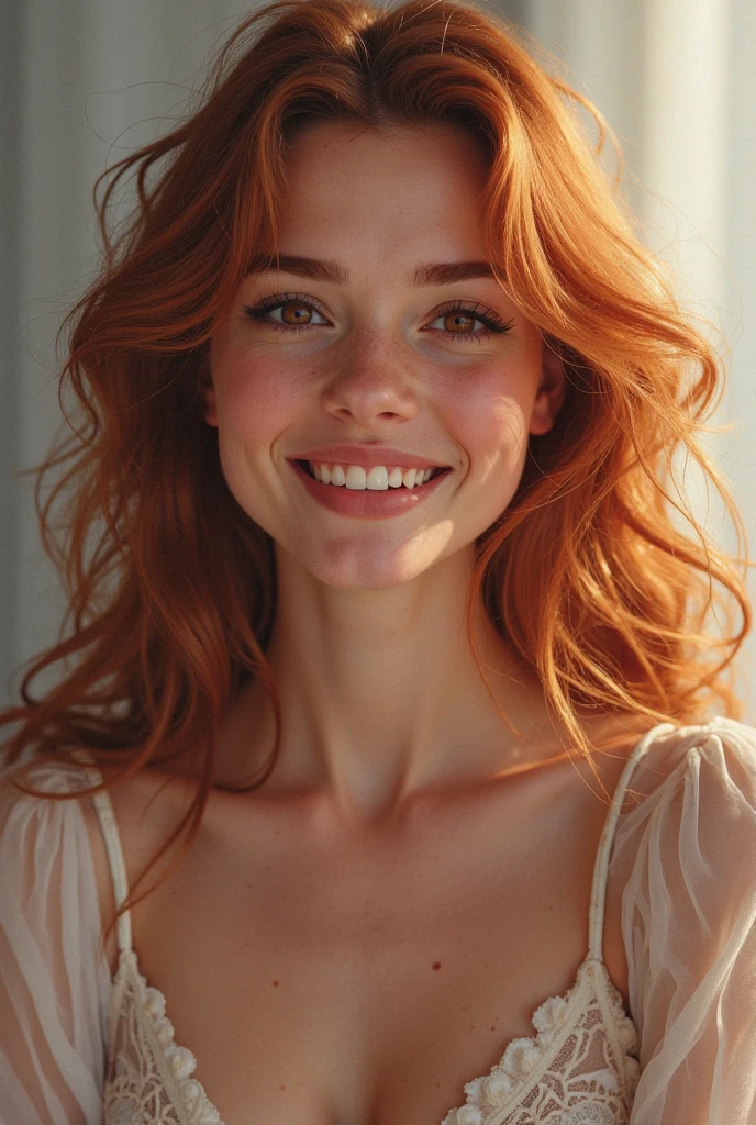 beautiful woman with curly copper hair, happy, big lips, she is wearing a long-sleeved blouse