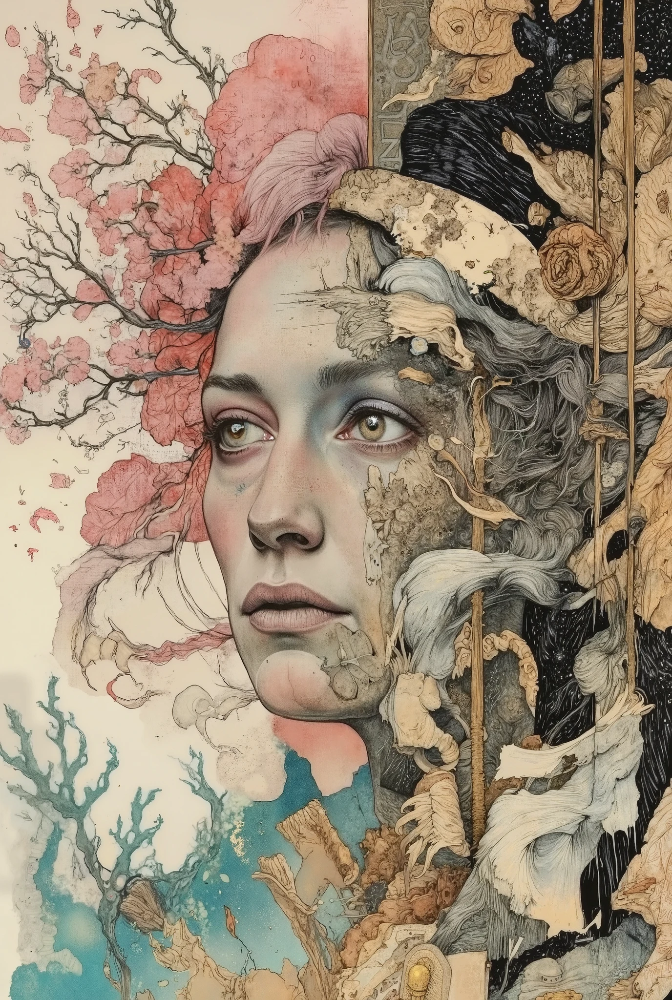 A surreal portrait where the face is both young and ancient: one half is a young, delicate girl, radiant with the skin of youth, with bright eyes and vibrant colors, the other is an old woman, withered, covered with deep wrinkles, like ancient parchment, with a wise but tired look. The hair on the young side turns into flowering branches, and on the old side into dusty scrolls or ashen threads. A hint of metamorphosis: The skin at the age boundary is covered with symbols, either letters or a star map. The background is a psychedelic whirlpool, where time flows non—linearly: hood memories flash in some areas (carousels, kites), in others — symbols of withering (hourglasses, ruins).Color contrast: Bright neon shades (pink, turquoise) versus dull, faded ones (sepia, gray).Style: hyperdetalized surrealism with the influence of psychedelic art (like the work of Android Jones or Zdzislaw Beksinski in color), with elements of glitchy effects and optical illusions. The emphasis on emotions is to make the viewer feel nostalgia, anxiety, and the magic of eternal rebirth. Finely detailed digital art.