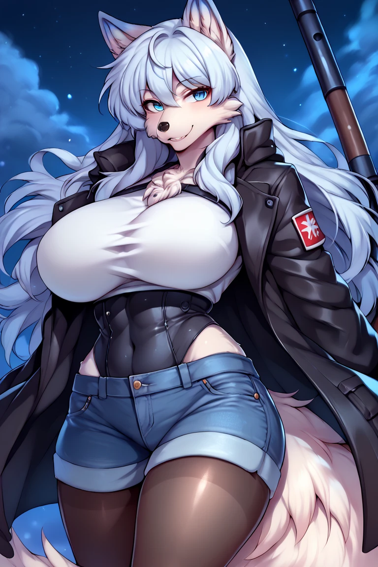 best qualtiy,tmasterpiece,The is very detailed,4K,Gray hair and shallow eyes,Drag cool expressions,Wolf ears,Erect scar on the left eye,British style,1girl,Absolutely beautiful, huge breasts, white costume, ear ribbon