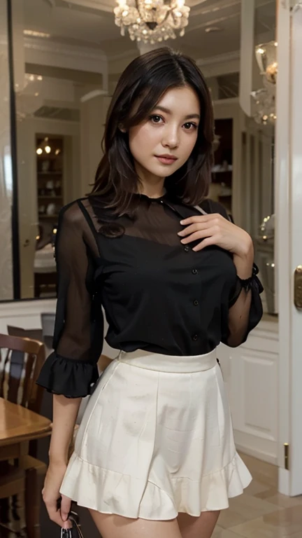 Black Hair Bob、8k、medium chest、Raw photography、Japan Women、Dressed in black、See-through blouse、
