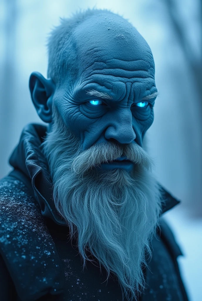 A symmetric portrait of a male, evil frozen necromancer, features dissolving into frozen magic thin, luminescent blue lines. Weighted Voronoi stippling and laser caustics create a network, transitioning from hyperrealistic detail to abstract, quantum-inspired forms. Ethereal hues blend, evoking existential transition and mystery. Close-up on face, evil skull partially visible. Set against a twilight arctic backdrop, icy winds ripple through his tattered robes. Rendered in a fusion of photorealism and digital surrealism, the scene is illuminated by ghostly Northern Lights. Emphasis on cold, menacing atmosphere, invoking Nordic myths
