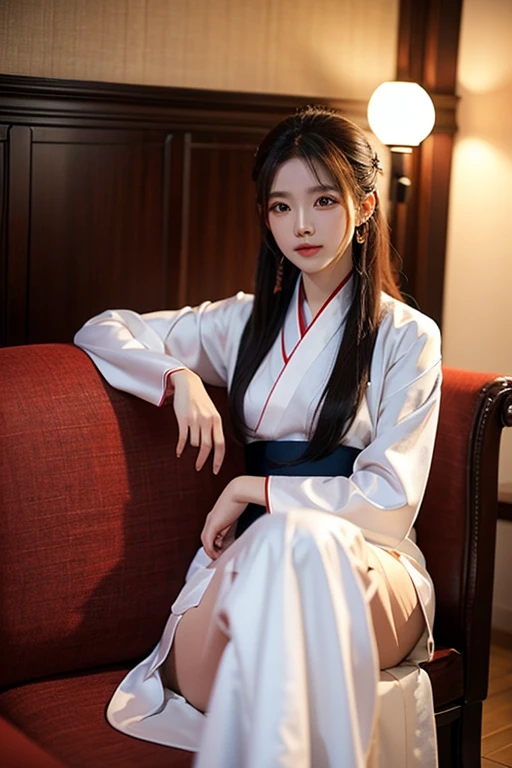 very beautiful, Teenage Korean woman wearing hanbok with extremely large breasts, in the palace