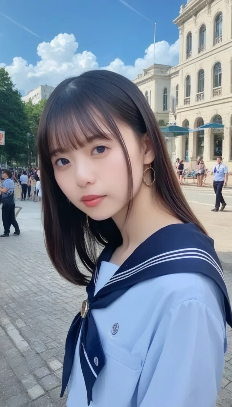 (8K, RAW photos, top quality, masterpiece: 1.2), ultra detail, super resolution, (realistic, real photo: 1.37), (photorealistic: 1.6), eat lunch on the school rooftop. , Fantastic scenery, cute lunch box, Gakko Rooftop, Lunch hour, stylish school, Future city, school of the future, future world, fantastic world, new world, High-resolution RAW color photos, professional photos, Very detailed and beautiful, (pointing at the camera), real light (With our hands wide open and our palms facing us), Smile so much that your teeth show, Beautiful scenery with light, highly detailed sailor suit, Amazingly Cute Female Orthodontics, amazing cute smile, transcendent cute face, amazing detail, red scarf, very detailed beautiful girls, different pattern face, One is a ponytail, modern cute , very detailed face very detailed eyes, very realistic skin, very detailed fingers, very detailed nose, very detailed mouth, complete anatomy, highly detailed sailor suit, highly detailed background,After school,。 full of smiles, long straight hair, (dull bangs: 1.2), Celebrity-level cuteness, high school girl youth (pink eye shadow)
