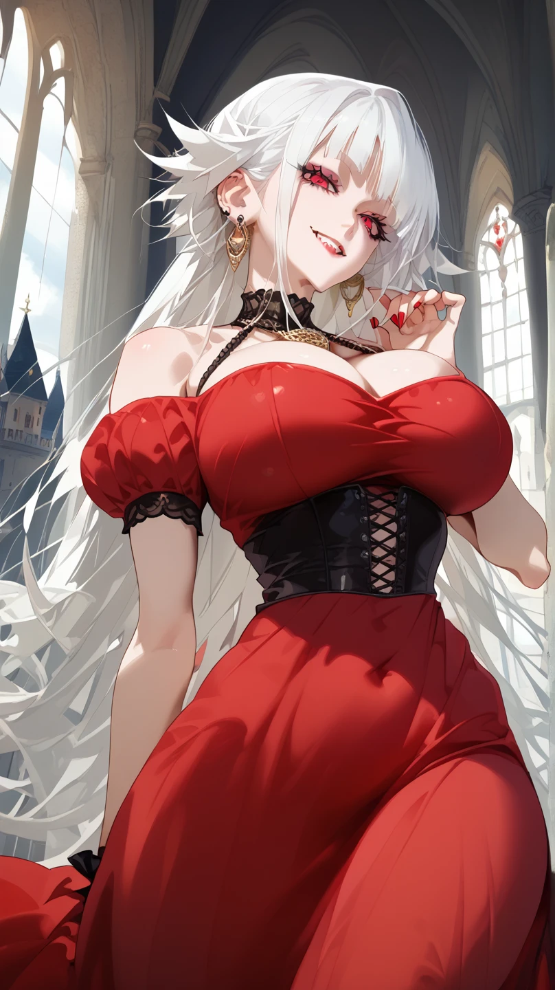 a close up of a woman in a red dress with roses, extravagant dress, 8k highly detailed , dressed beautiful gown, wearing a wonderful dress, red dress, detailed dress and face, all red, beautiful gown, gown, elegant red dress, red, wearing a wonderful dress, exquisite digital illustration,The most beautiful woman in the world、white hair、white eyes、best style、beautiful legs、whole body