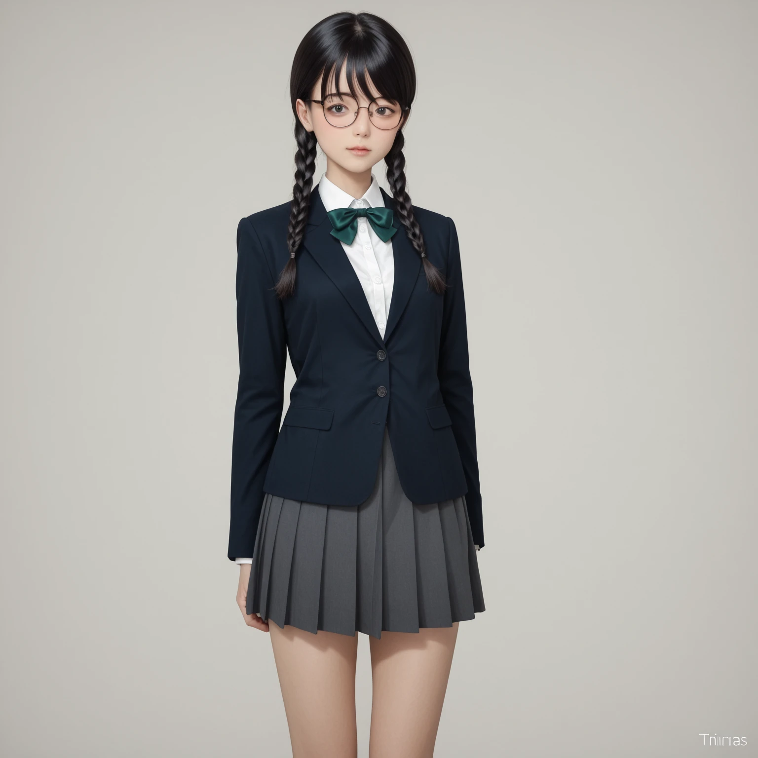A girl in a school uniform, muslon, Chino, with short hair and fringe, with glasses, Lovely
