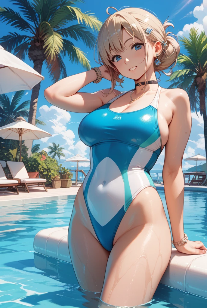 ((Top Quality)), ((Masterpiece)), ((Details)), perfect face, perfect body, sitting by the beach, listening to music, wearing headphones, wearing swimsuit, transparent swimsuit, wearing clothes exposing tight hips and breasts Woman with face visible, sitting with legs apart
