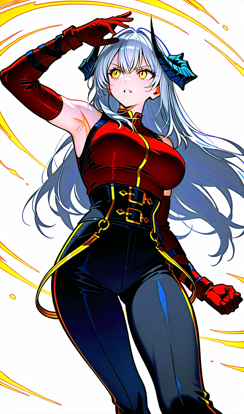 masterpiece, best quality, highly detailed, 8k, (pure grey background:1.2), anime, (2D:1.1), (1girl:1.2), 30-year-old queen, (athletic body:1.2), abs, (muscular:1.2), beautiful face, shining eyes, (long legs:1.2), blonde hair with double ponytails, big breasts, wearing red stockings, wearing red thigh boots with high heels, slender waist, tight butts, dynamic pose, opening mouth, korean idol, (full-body image:1.2), (showing off her body:1.2)