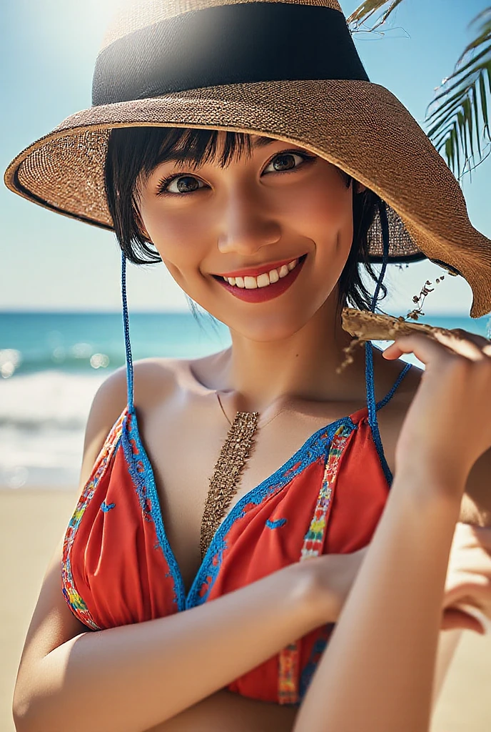 masterpiece、Highest quality、Detailed face、One Japanese woman、Woman in her 20s、Beach、Swimwear、Dynamic pose、smile