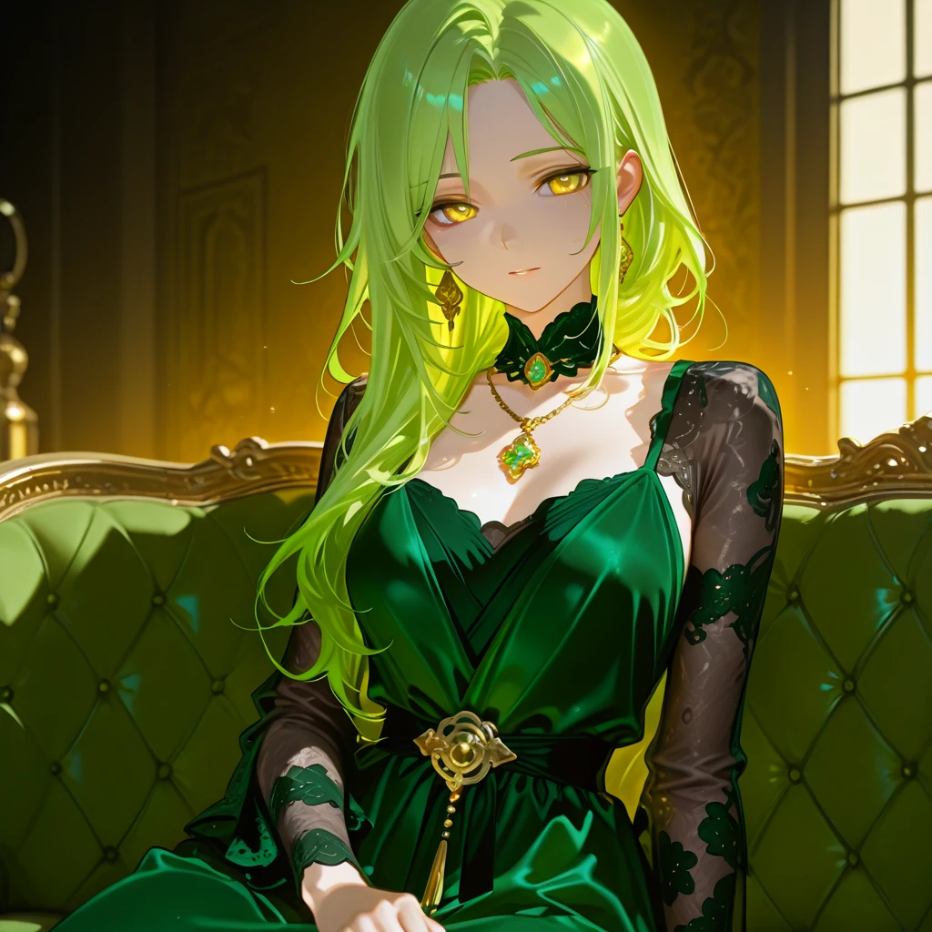 C.C_(code geass), 1girl, white roses, ornament hair, black roses on her hair, maid, black maid dress, black maid headdress, maid apron, green hair, long hair, seat on a red sofa, chinese home style, black maid dress, gold lantern, black dress, more details on her clothes, golden details, night, smiling, chinese architecture, solo, alone